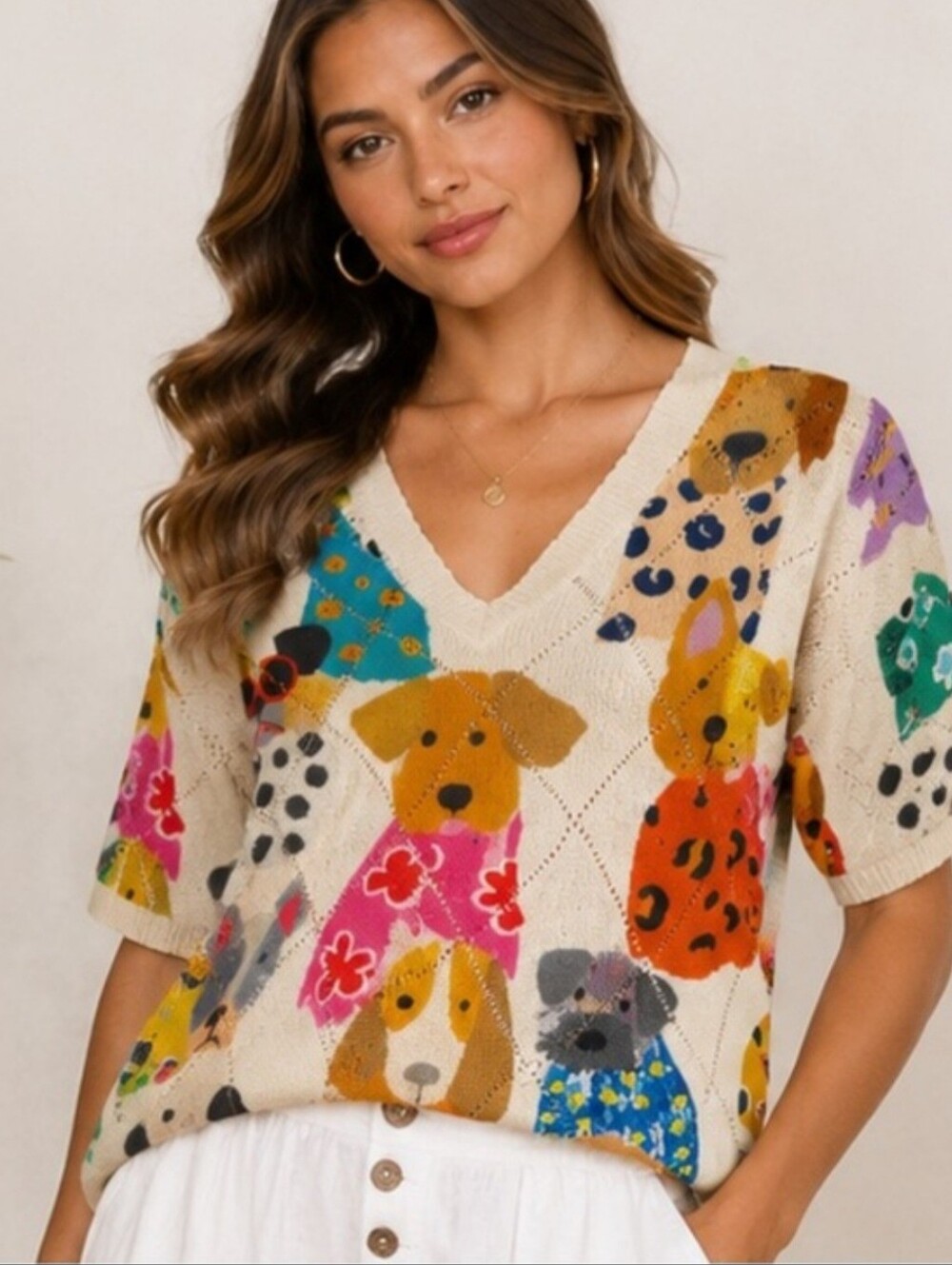 V-Neck Cream Knit Top with Colorful Dog Print